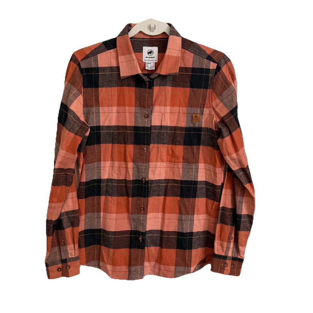 Mammut Trovat Shirt Womens Small Brick Orange Black Flannel Plaid Long Sleeve